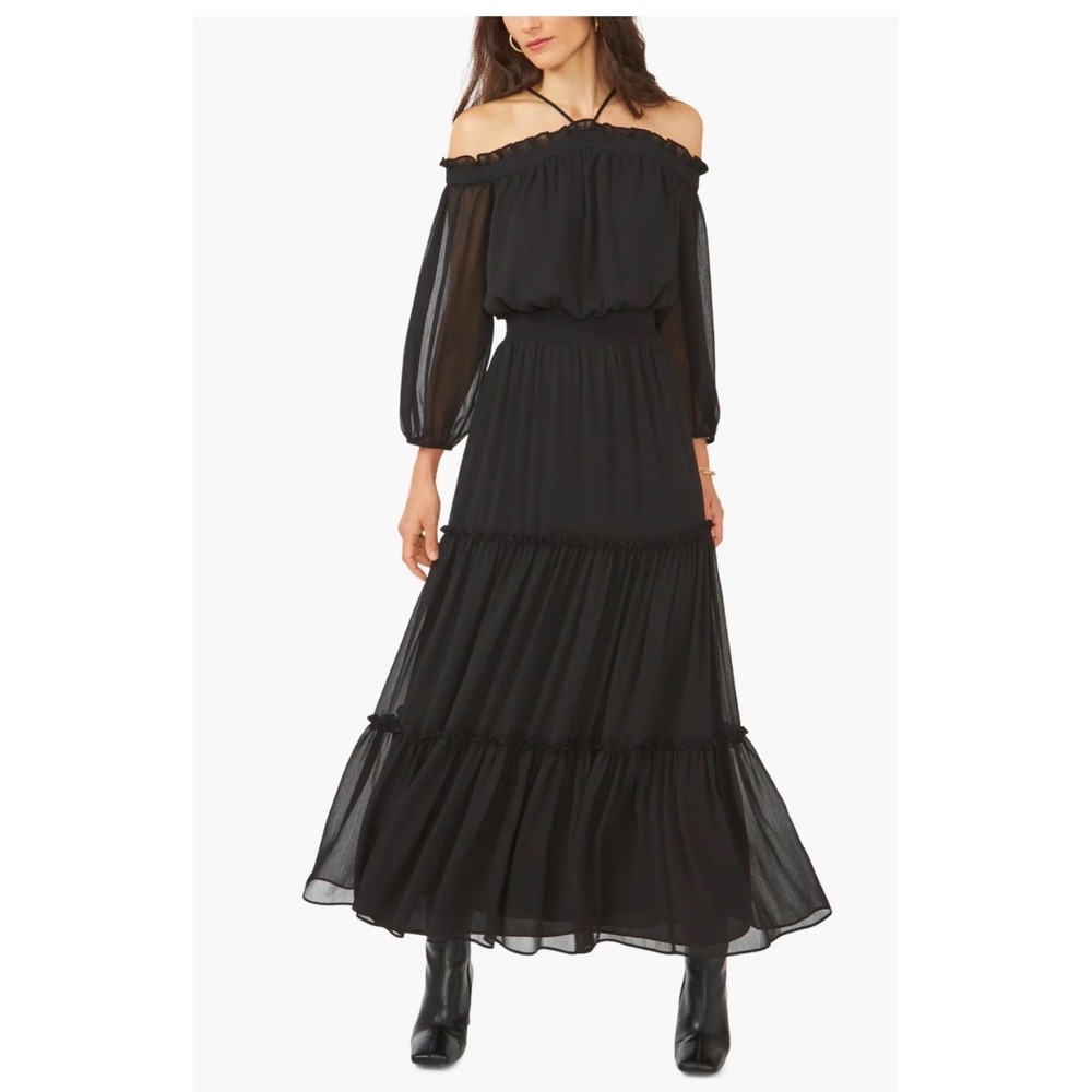 1.STATE NWT Halter Long Sleeve Maxi Dress Off The Shoulder Ruffled Size S